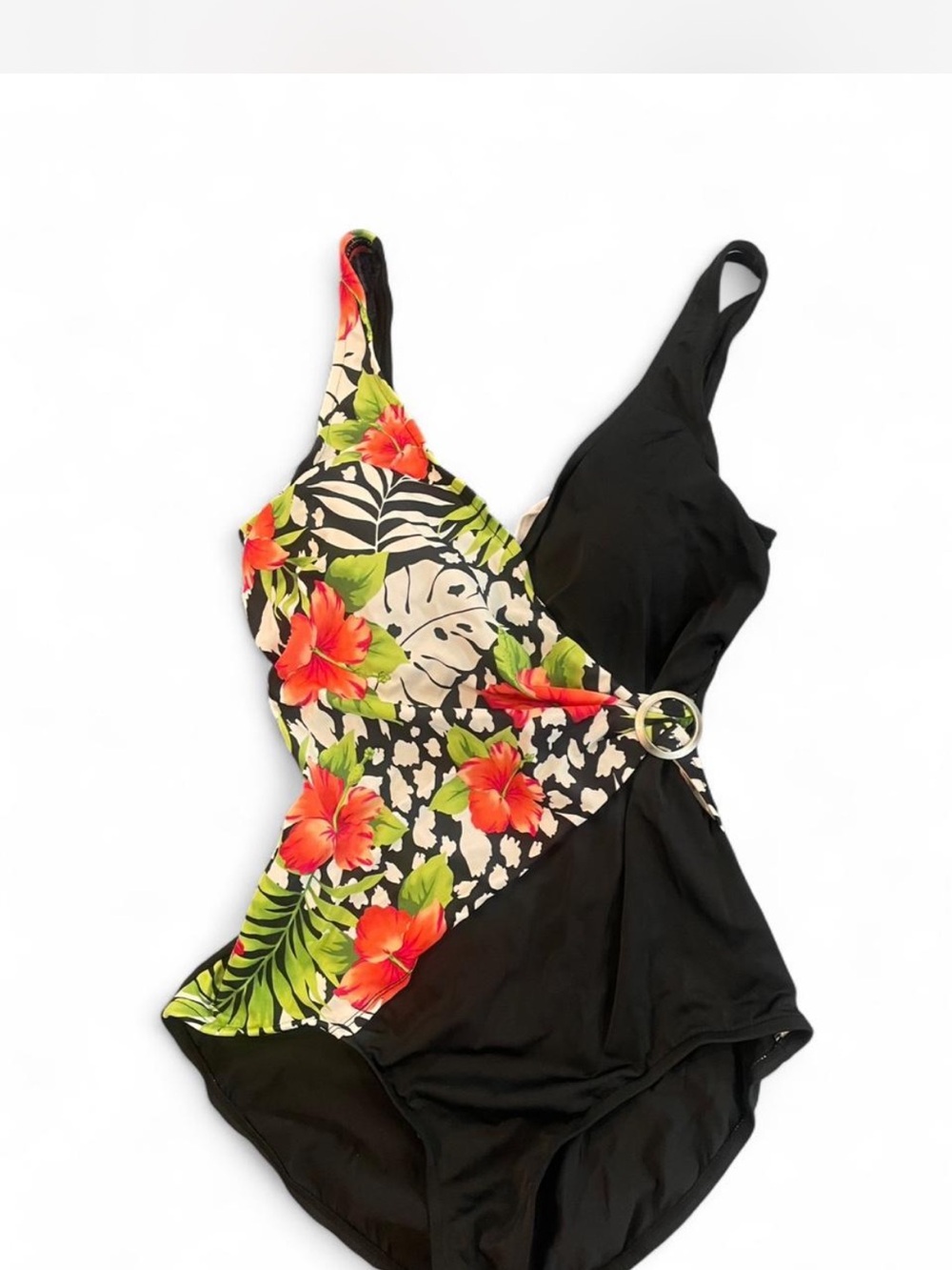 Jantzen Black One-Piece Swimsuit with Red and Green Tropical Floral Print